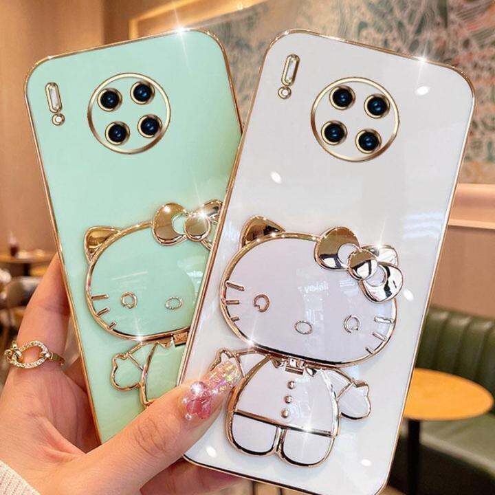 folding-makeup-mirror-phone-case-for-huawei-mate-30-pro-mate-20-pro-mate-40-50-pro-case-fashion-cartoon-cute-cat-multifunctional-bracket-plating-tpu-soft-cover-casing