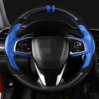 DIY Black Genuine Leather Suede Carbon Fiber Car Steering Wheel Cover For Honda Civic 10th Gen 2016 2017 2018