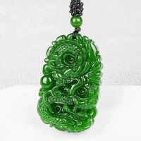 Natural Green Jade Dragon Pendant Necklace Jewellery Fashion Accessories Hand-Carved Man Luck Amulet Gifts Woman Sweater Chain