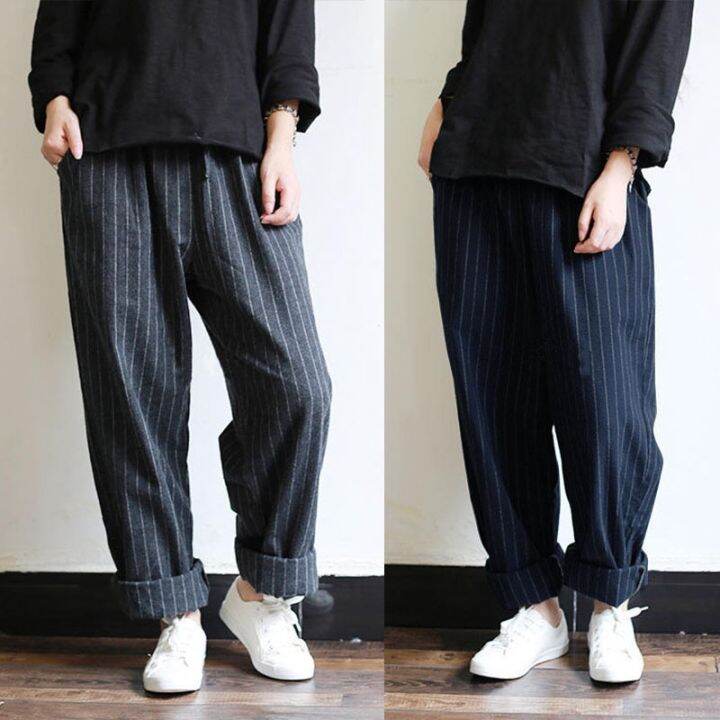 women-stripes-pockets-elastic-waist-plus-size-vintage-pants