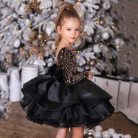 Gold Sequin Flower Girl Dress Long Sleeves Backless Scoop Neck Ruffles Tiered Girls Black Party Gown Christmas Pageant Dresses