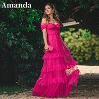 【jw】✜✒  Amanda Fuchsia Tulle Gown A-line Multilayer Prom 2023 Shoulder فساتين مناسبة رسمية