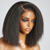 Black Yaki Short Cut Bob Kinky Straight  Lace Front Wig For Women With Babyhair Natural Hairline Synthetic Heat Resistant Daily Wig  Hair Extensions P