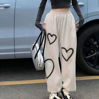 ‘；’ MEXZT Pure Cotton Sweatpants Women Heart Print Joggers Hip Hop Streetwear Oversized Wide Leg Pants Harajuku Korean Trousers New