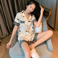 COD SDFGDERGRER High-Quality Ice Silk Pajamas Two-Piece Set Womens Summer Thin Short-Sleeved Shorts Cute Students Plus Size Loose Homewear Suits Comfortable Casual Breathable Printed Color-Matching Multi