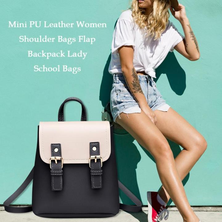 กระเป๋าสะพายหลังแบบมีฝาปิดสำหรับกระเป๋าสะพายหนังผู้หญิง-pu-ขนาดเล็กกระเป๋านักเรียนของผู้หญิง-สีดำ