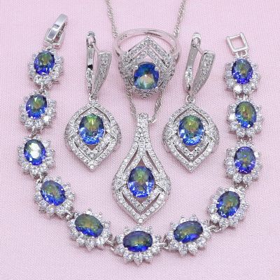 New Arrivals 925 Silver Jewelry Sets For Women Birthday Multicolor Crystal Exquisite Earring Bracelet Pendant Necklace Ring