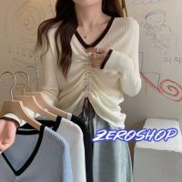 Zero shop ?พร้อมส่ง?(Zero-1681)เสื้อไหมพรมแขนยาว คอวีดีเทลสายรูดปรับได้ผ้าร่อง