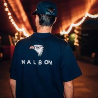 MALBON เสื้อยืดแขนสั้นสำหรับผู้ชายและผู้หญิง,พิมพ์รอบคอกอล์ฟลำลองแบบอเมริกันลำลอง