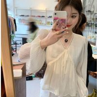 COD dhdfxcz 2022 Korean womens Lace Chiffon blouse long sleeve V neck