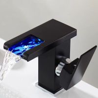 Bathroom LED Light Sink Faucet, Waterfall Spout Basin Faucet, Cold and Hot Water Mixer Sink Tap Brass Body(Black，White)