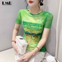 LMD เสื้อยืดเสื้อยืดคอกลมแขนสั้นตาข่ายปักลายสำหรับผู้หญิง,เสื้อเบลาส์สะดวกสบายหรูหรา S-3XL ลำลองพิมพ์ลายกราฟฟิตีสไตล์ฉบับภาษาเกาหลีสำหรับฤดูร้อน