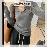 HUAYANG01สีทึบคอวีสำหรับผู้หญิง,เสื้อกันหนาวแบบถักคอวีแขนยาวสำหรับฤดูใบไม้ร่วงฤดูหนาว