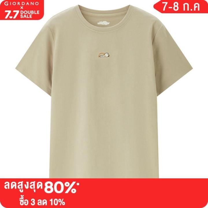 giordano-women-t-shirts-cute-small-lazy-animal-embroidery-basic-tee-crewneck-summer-short-sleeve-cotton-casual-tshirts-05393385