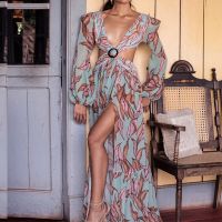 2022 Retro Floral Print Bikini Cover-ups Sexy Cross Open Back Long Sleeve Summer Dress Women Beach Wear Swim Suit Cover