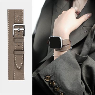 Double Circle Genuine Leather Strap For Apple Watch Band Series 8 7 6 5 4 3 SE Fashion Bracelet For iWatch 41mm 45 44 40 42 38mm Straps