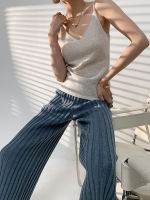 Casual Thick Knitted Women Pants Elastic High Waist Loose Female Wide Leg Pant Long Trousers  Autumn Winter Striped Pantalon