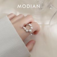 MODIAN 925 Sterling Silver Pearl Geometric Shape Adjustable Size 6-8 Finger Rings Fashion Platinum Plated Jewelry For Women Gift