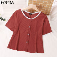 VONDA เสื้อเบลาส์เสื้ออัดพลีทแขนสั้นสำหรับผู้หญิง (ลำลองเกาหลี) 2 #