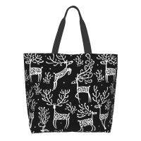 Black White Forest Deer Canvas Tote Bag for Women Weekend Merry Christmas Kitchen Reusable Grocery Bags Bulk Large Casual