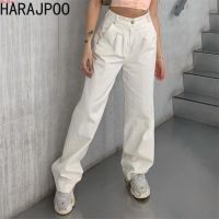 HARAJPOO Women Denim Pants High Waist Straight Loose Wide Leg Harajuku Lazy Wind Female Trousers Fashion Bottom