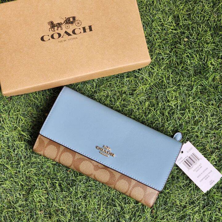 Original Coach Trifold Slim Wallet In Signature Canvas C5966 Khaki
