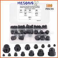 HESONG 100Pcs M3 4 5 6 8 10 12 Dome nuts เกลียวในเมตริก 7ขนาด น็อตหัวหกเหลี่ยม แบบพกพาได้ สีดำสีดำ ชุดจัดประเภท ตกแต่งด้วยการตกแต่ง