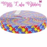 5/8"16mm autism awareness puzzle printed fold over elastic ribbon geometric ribbon diy hair bows 10 yards HT01-PG025-01709 Gift Wrapping  Bags