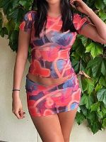 【LZ】◎  Conjunto de duas peças Mulheres Verão Y2K Print Mesh Sheer Short Sleeve Crop Tops   Mini Saia Ver Através do Clube Sexy 2Pcs Conjuntos Feminino