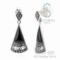 Suvani Jewelry - เงินแท้ 92.5% ต่างหูปักก้านโอนิคส์ หรือ นิลดำ ฝังด้วยหินมาร์คาไซท์ เครื่องประดับเงินแท้