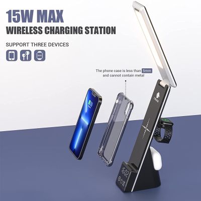 【cw】5IN1 Alarm Clock Wireless Charger Stand for 13 12 11 Pro Max Table Lamp 15W Fast Charging Station for ！