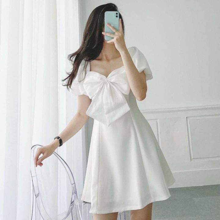 FreeShip 2024] Đầm váy trắng nơ ngực dạo phố xinh xắn | Lazada.vn
