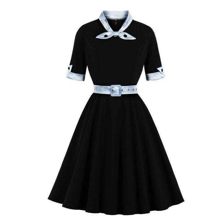 hot11-women-vintage-bow-v-neck-dress-retro-rockabilly-2023-tail-party-1950s-40s-swing-dress-summer-dress-short-sleeves