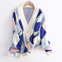 2021 V Neck Knit Oversize Female Cardigan Winter Argyle Single-Breasted Womens Sweater coat Autumn Loose Knit Cardigan Jacket