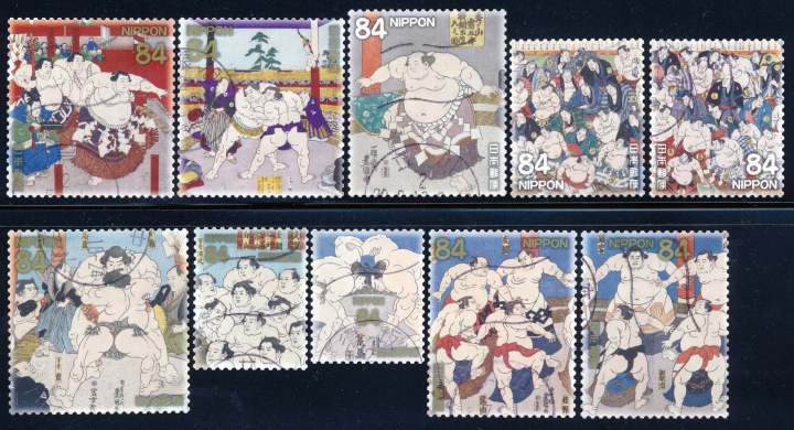 Lot of 2 Japanese stamps, Nippon, Sumo wrestlers