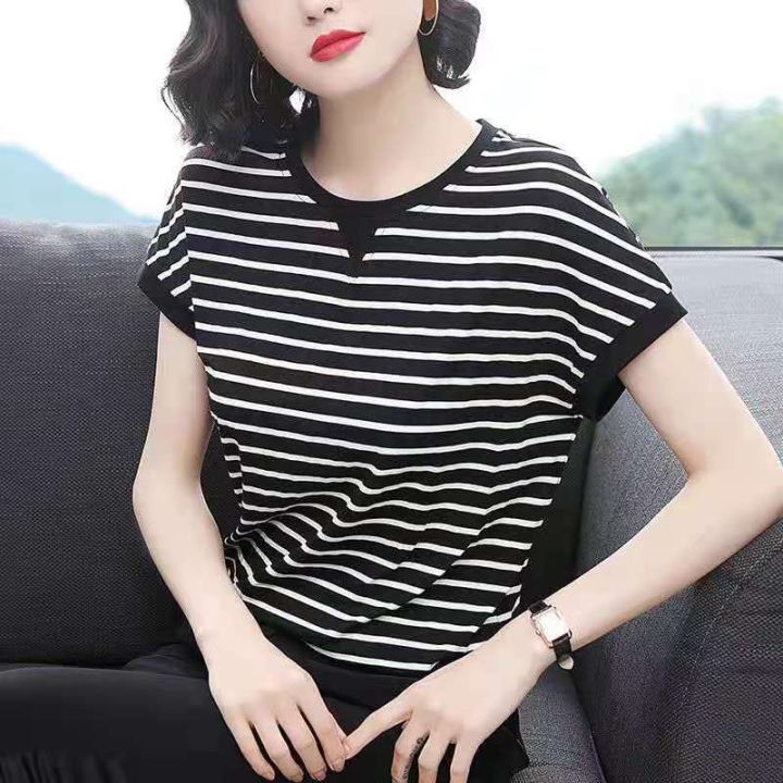 may-shopรุ่น-319-สไตล์เกาหลีรุ่นใหม่หลวมและบางแนวโน้มขนาดใหญ่เสื้อยืดแขนสั้นผู้หญิงลายทางในฤดูร้อน-bottoming-พร้อมส่ง