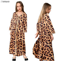 Elegant Ethnic Leopard Print Loose Casual Muslim Abaya Kaftan Islamic Arab Long Sleeve Robe for Children Girls