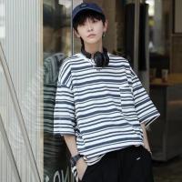 CODTheresa Finger Jingsuke Literary Club Trendy Men Popular Round Neck Striped Half-Sleeved Sea Soul Shirt Boys Clothing Couple T Original Korean Version Style Solid Pure Cotton Simple Plain Long