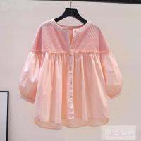 Pink Lantern sleeve doll shirt Womens knitted stitching cotton loose shirt summer sweet wooden ear edge shirt V729