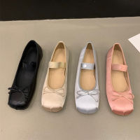 2023หรูหราซาตินผ้าไหมรองเท้าบัลเล่ต์ผู้หญิงคลาสสิกสแควร์ Toe Bowtie แถบยืดหยุ่น Ballerina Flats สุภาพสตรี Soft Loafers