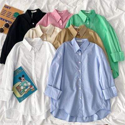 ∈△ Spring and Autumn Solid Color Versatile Slimming Large Size Long-Sleeved Shirt Student Girl Japanese Style Loose Retro Design Top