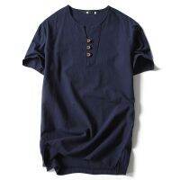 Mens Cotton Linen Short Sleeve Chinese Style V-Neck T-Shirt