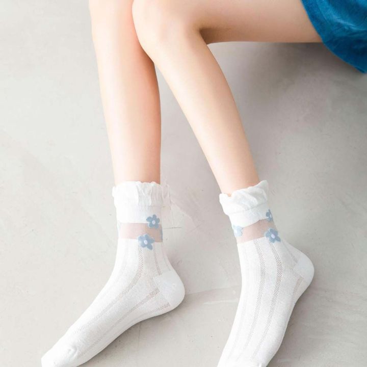 ถุงเท้าถุงเท้าผ้ายาวสำหรับผู้หญิงถุงเท้าผ้าตาข่ายอบอุ่นลายดอกไม้สำหรับผู้หญิงฤดูร้อนเกาหลี