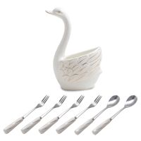 Portable Cutlery Set Tableware 2 Spoon 4 Fork with Ceramic Swan Stand Holder Dinnerware Kitchen Dinner Set Cake Dessert Snack