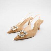 Xi Ke New Za.raˉsummer womens shoes Beige ornaments rhinestone inlaid high heels niche pointed sandals