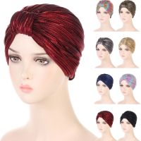 【YF】 Latest Women Muslim Indian Turban Pleated Glitter Shiny Bonnet Chemo Cap Headwear Hijab Hair Loss Hat Cover Headscarf Wrap Caps