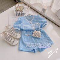 Summer Girls Set Blue Color Vintage Children Clothes Set Plaid Blouse Shirt and Shorts Childrens Clothing Wholesale