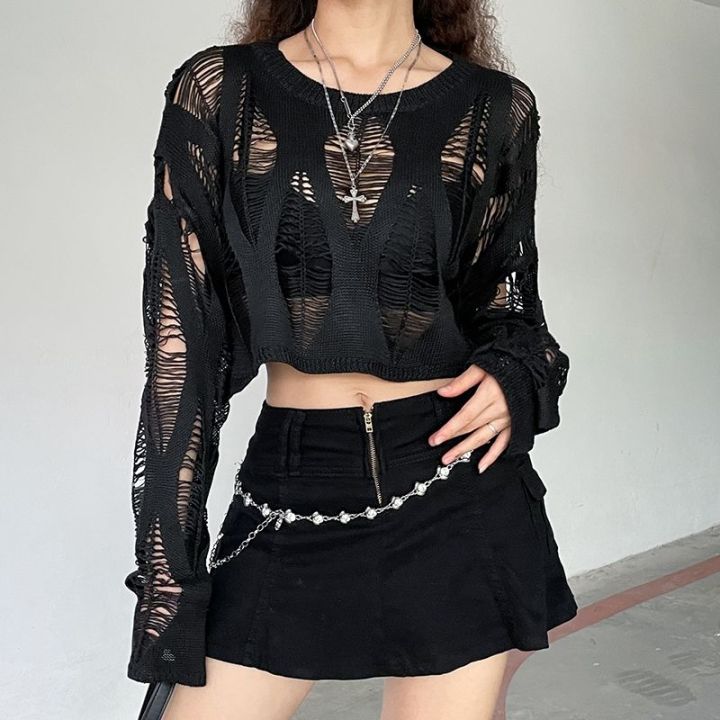 เสื้อถักแบบสวมหัวกลวงออก-streetwear-ในฤดูใบไม้ร่วงสีดำของผู้หญิงแบบลำลองหลวมแฟชั่นสไตล์เกาหลีสีพื้นเซ็กซี่