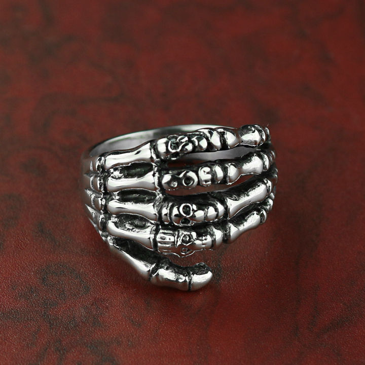 skeleton-มือไทเทเนียมโลหะผสมสแตนเลสบุรุษแหวน-ด้วยแหวนแฮนด์เมด-headwear-เครื่องประดับมือแฟชั่น-kvms
