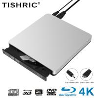 เครื่องอ่านเครื่องเขียนประเภท C/USB3.0ภายนอกเอ็กซ์เทอนอลดีวีดีไดร์ฟบลูเรย์ TISHRIC เครื่องเล่นดีวีดีและ CD-RW สำหรับโน็คบุคตั้งโต๊ะ